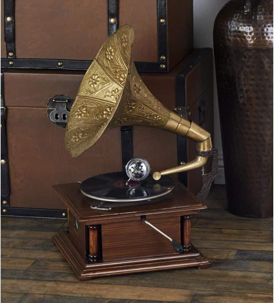 Litton Lane Copper Wood Functional Gramophone with Record