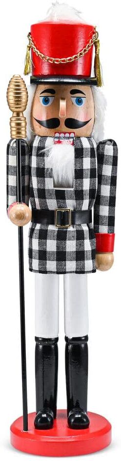 ORNATIVITY 17 in. Wooden Christmas Checkered Soldier Nutcracker-Black and White Wooden Nutcracker Toy Soldier with Staff Holiday