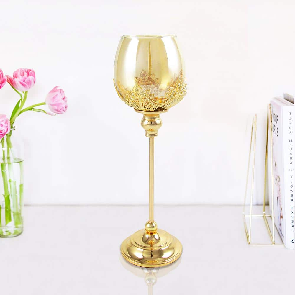 16.5 in. Gold Glass Cup Votive Tealight Hurricane Candle Holder