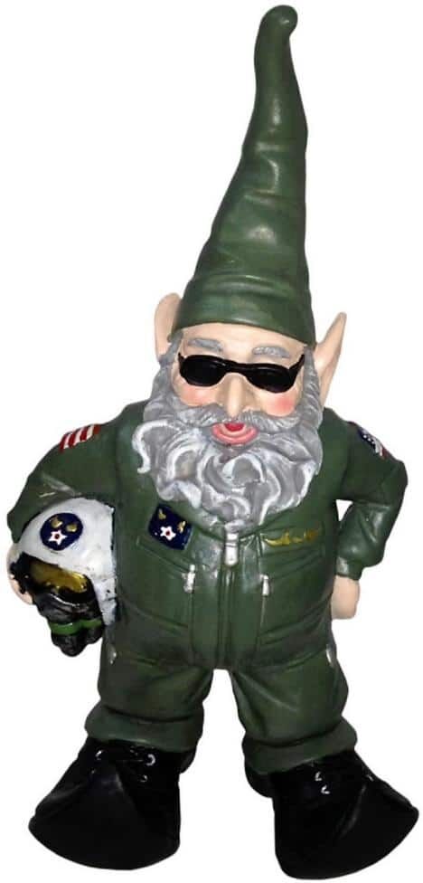 HOMESTYLES 15 in. H Top Gun Air Force Gnome Pilot Military Soldier in Green Flight Suit Home and Garden Gnome Statue