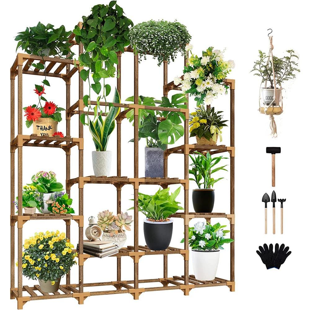 16 Pots Wooden Plant Stand Suitable for Room Corner Balcony Garden Patio Plant Stand in Brown (4-Tiers)