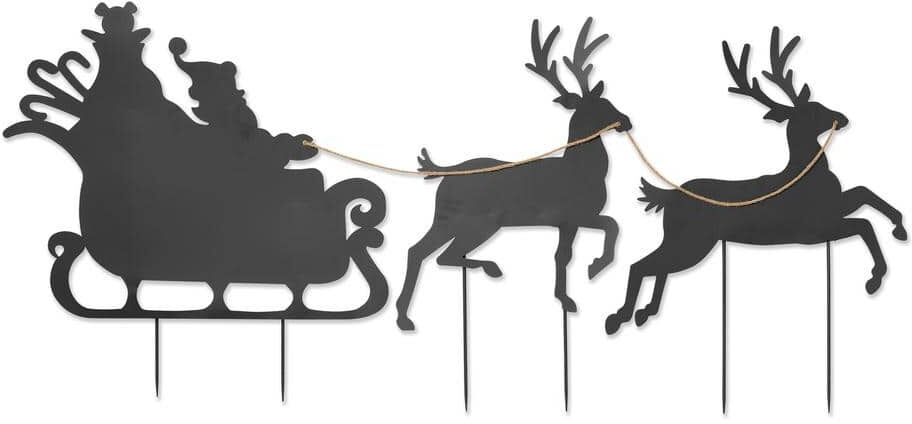 GERSON INTERNATIONAL 86 in. Santa in Sleigh Pulled by Deer Metal Silhouette Holiday Yard Decor