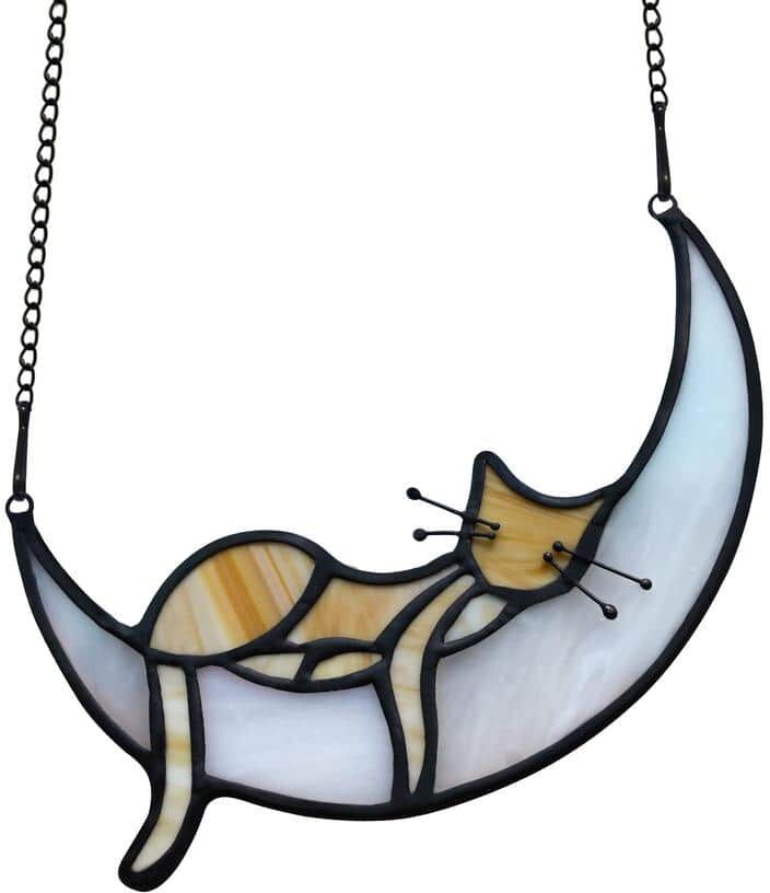 Orange Cat Decor, Handcrafted Stained Glass Window Hangings for Sleeping Cat on Moon Decoration