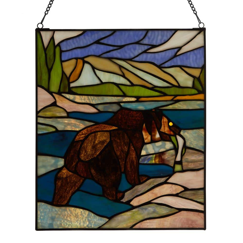 River of Goods Fishing Bear Brown/Amber Rectangular Stained Glass Window Panel