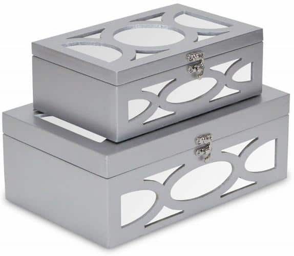 HomeRoots Set of Two Silver Oval Scroll Mirror Jewelry Storage Boxes