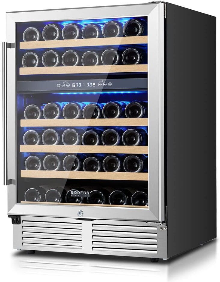 BODEGA 24 in. Dual Zone 46-Wine Bottles Beverage & Wine Cooler with Double-Layer Tempered Reversible Door in Stainless Steel