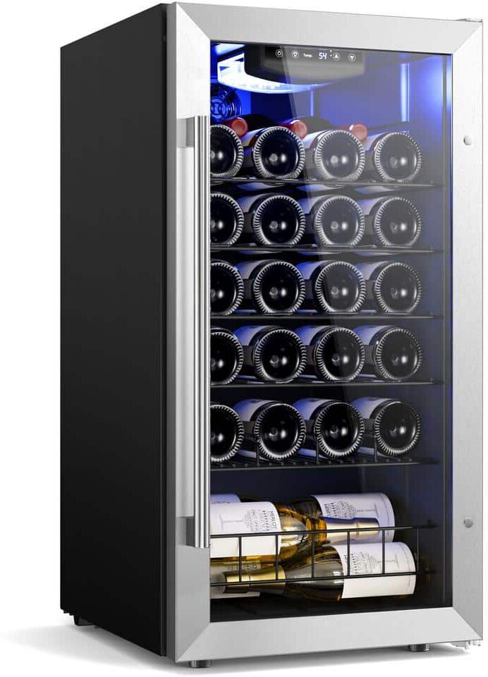 Yeego Single Zone 27-Bottle Freestanding Wine Cooler Fridge Cellar Cooling Unit in Stainless Steel w/Low-Vibration Compressor