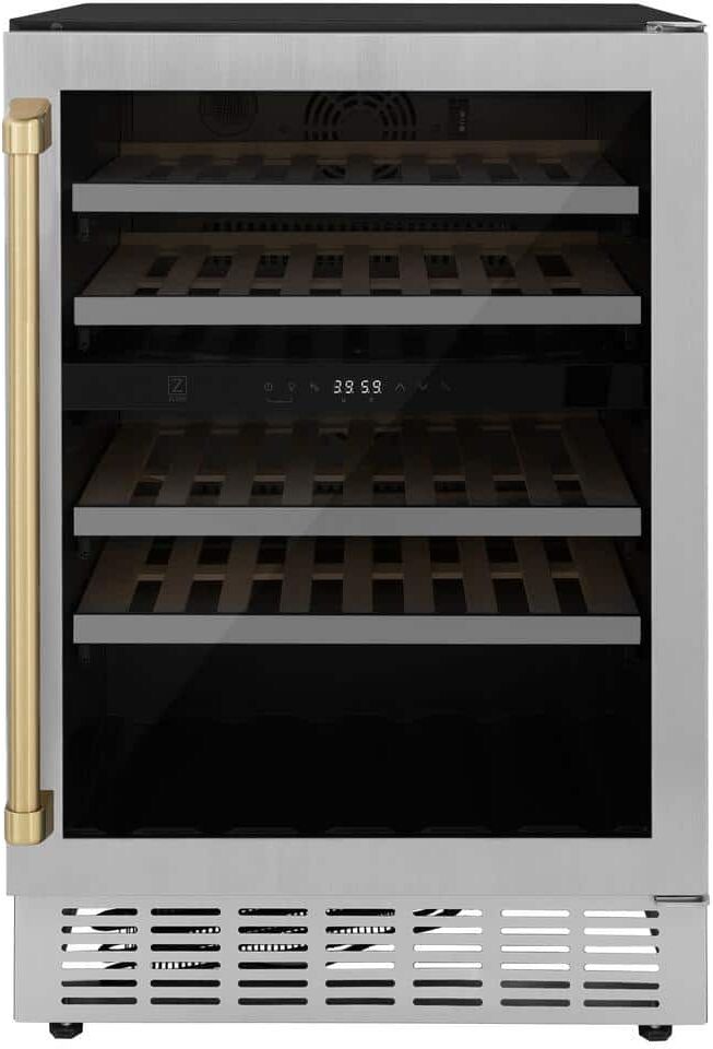 ZLINE Kitchen and Bath Monument Autograph Edition 24 in. Dual Zone 44-Bottle Wine Cooler with Champagne Bronze Handle in Stainless Steel