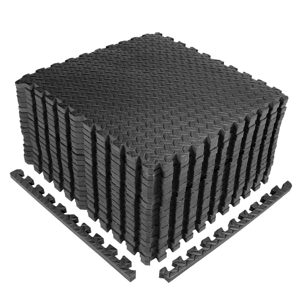 CAP Puzzle Exercise Mat Black 24 in. x 24 in. x 0.5 in. EVA Foam Interlocking Tiles with Border (72 sq. ft.)