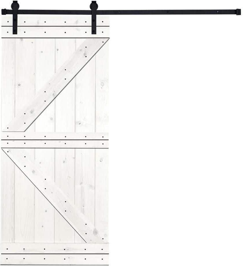 AIOPOP HOME K-Bar 30 in. x 84 in. Simply White Stain Knotty Pine Wood DIY Sliding Barn Door with Hardware Kit