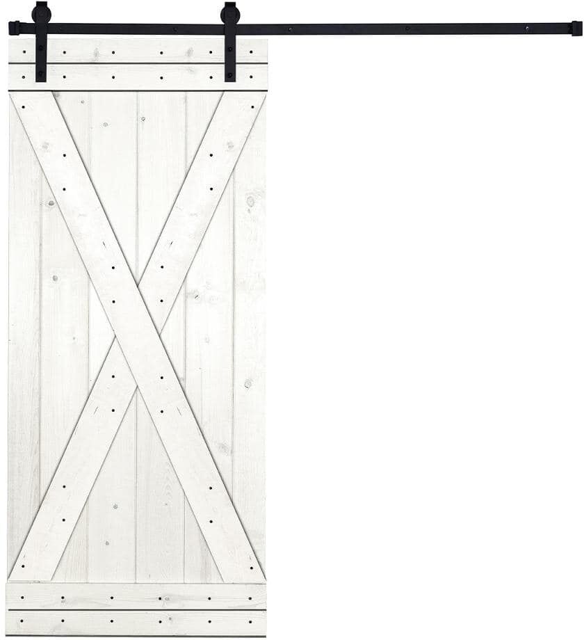 AIOPOP HOME X-Bar Serie 42 in. x 84 in. Simply White Knotty Pine Wood DIY Sliding Barn Door with Hardware Kit