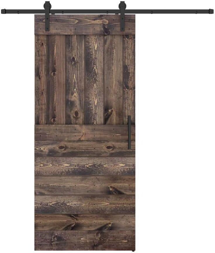 Dessliy Base Lite 42 in. x 84 in. Dark Brown Finished Pine Wood Sliding Barn Door with Hardware Kit (DIY)