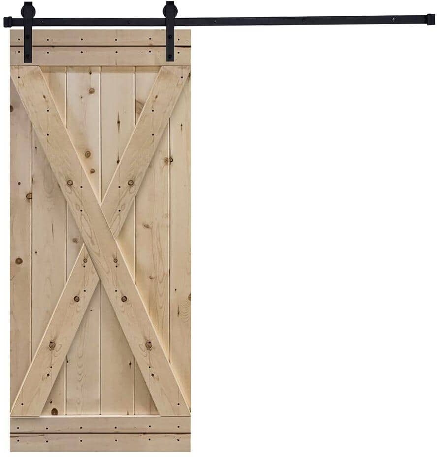 AIOPOP HOME X-Bar Serie 38 in. x 84 in. Mother Nature Knotty Pine Wood DIY Sliding Barn Door with Hardware Kit