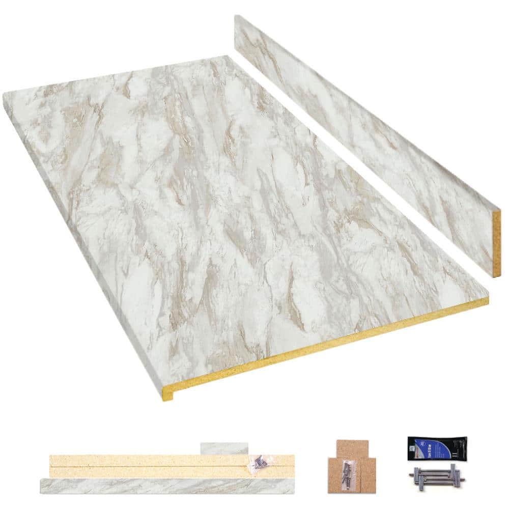 Hampton Bay 4 ft. Straight Laminate Countertop Kit Included in Textured Drama Marble with Eased Edge and Backsplash