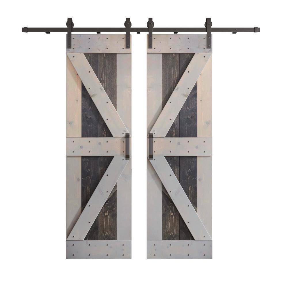 COAST SEQUOIA INC K Series 60 in. x 84 in. Carbon Grey/Light Grey Knotty Pine Wood Double Sliding Barn Door with Hardware Kit