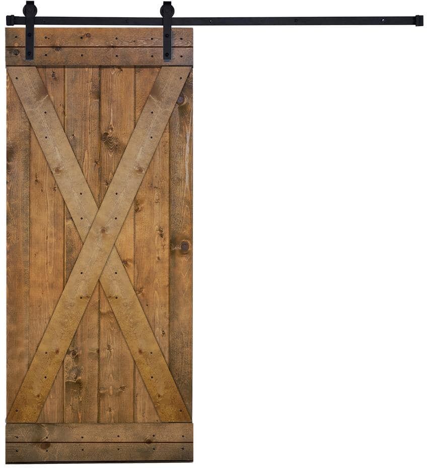 AIOPOP HOME X-Bar Serie 36 in. x 84 in. Briar smoke Knotty Pine Wood DIY Sliding Barn Door with Hardware Kit