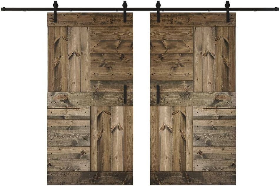 COAST SEQUOIA INC S Series 84 in. x 84 in. Aged Barrel DIY Knotty Wood Double Sliding Barn Door with Hardware Kit