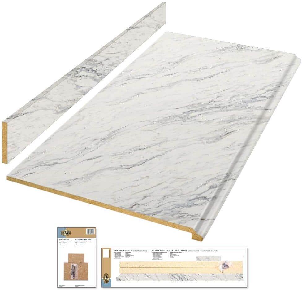 Hampton Bay 8 ft Straight Laminate Countertop Kit Included in Gloss Calcutta Marble with Full Wrap Ogee Edge & Backsplash