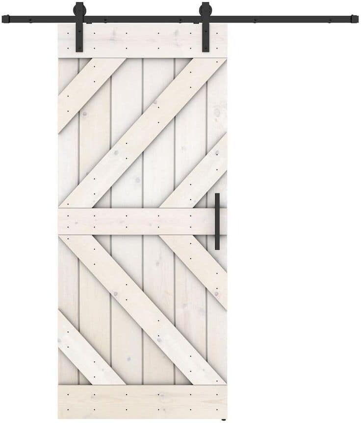 Dessliy Triple KL 28 in. x 84 in. White Finished Pine Wood Sliding Barn Door with Hardware Kit (DIY)