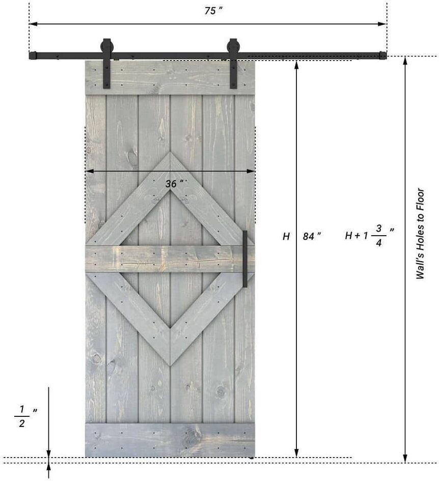 Dessliy Diamond Series 36 in. x 84 in. Fully Set Up Weather Grey Finished Pine Wood Sliding Barn Door With Hardware Kit