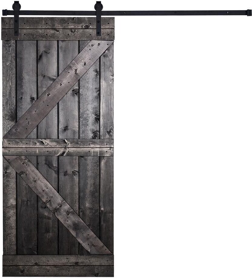 AIOPOP HOME K-Bar Serie 42 in. x 84 in. Charcoal Knotty Pine Wood DIY Sliding Barn Door with Hardware Kit