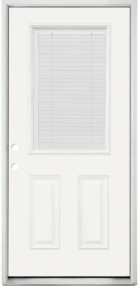 Steves & Sons 32 in. x 80 in. Reliant Clear 1/2 Lite RHIS White Micro-Blind White Primed Fiberglass Prehung Front Door Nickel Hinges