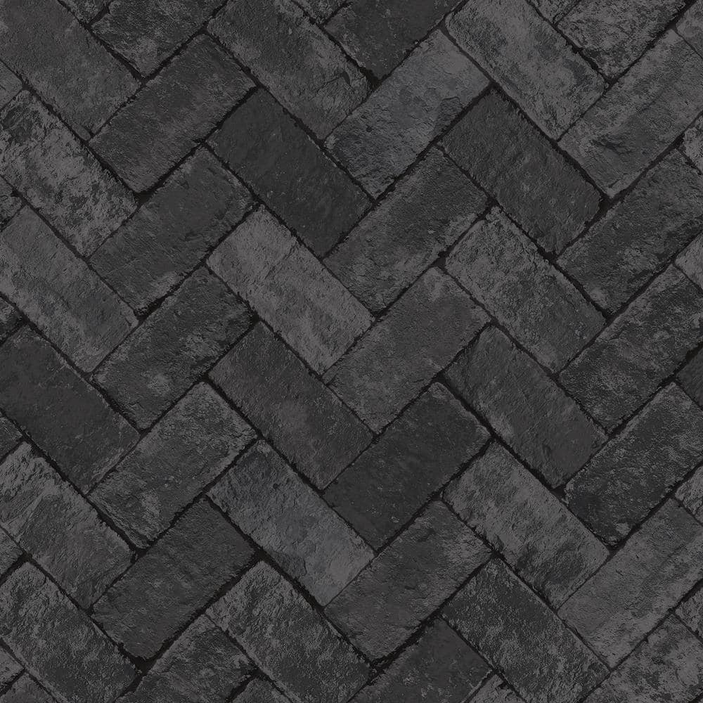 Herringbone Brick Black/Dark Grey Design Matte Finish Vinyl on Non-Woven Non-Pasted Wallpaper Roll