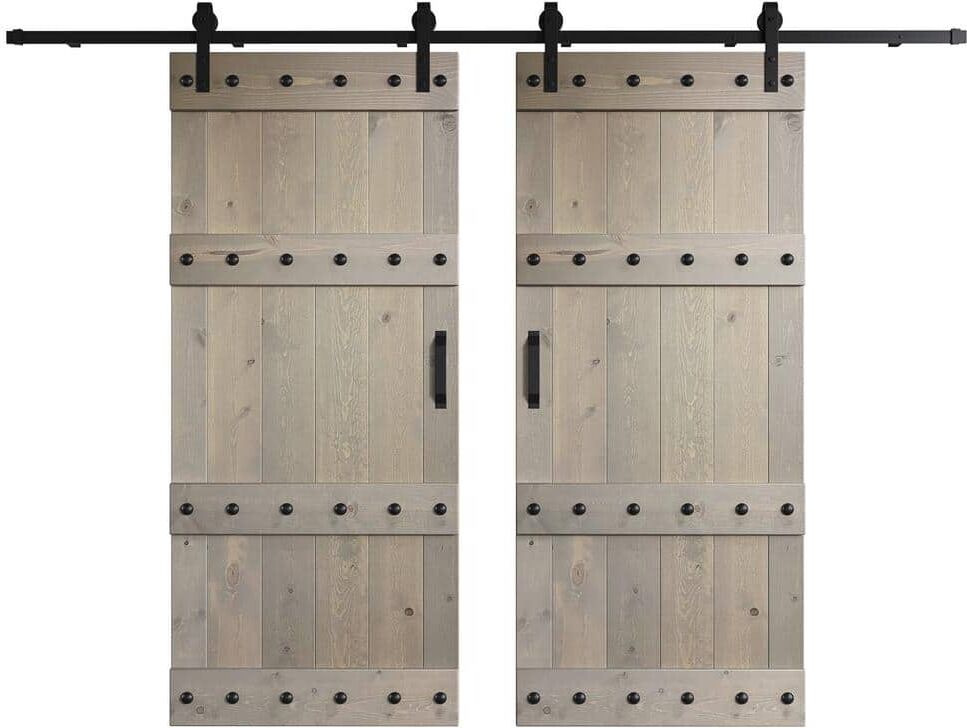 COAST SEQUOIA INC Castle Series 72 in. x 84 in. Light Gray DIY Knotty Wood Double Sliding Barn Door with Hardware Kit