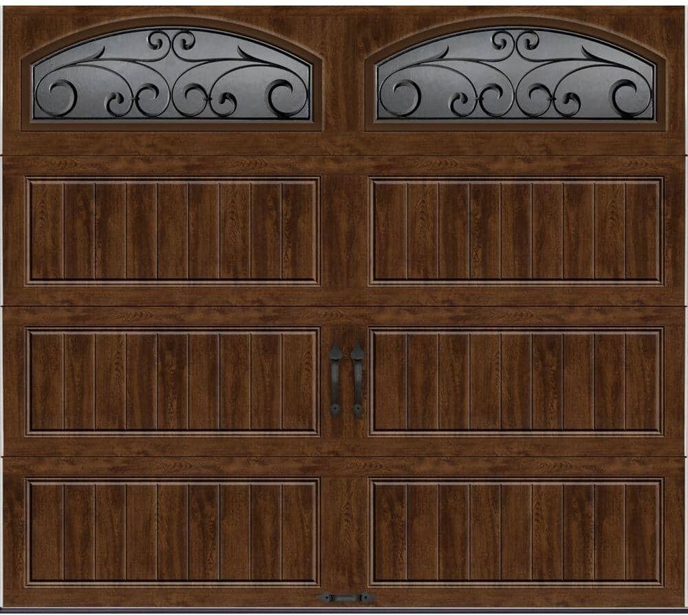 Clopay Gallery Collection 8 ft. x 7 ft. 6.5 R-Value Insulated Ultra-Grain Walnut Garage Door with Wrought Iron Window