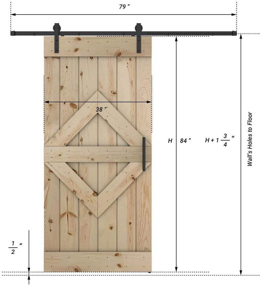 Dessliy Diamond Series 38 in. x 84 in. Fully Set Up Nature Finished Pine Wood Sliding Barn Door With Hardware Kit