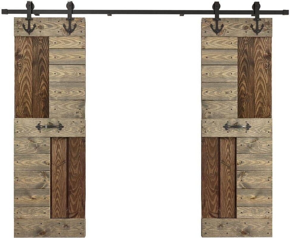 COAST SEQUOIA INC S Series Embossing 48 in. x 84 in. Dark Walnut/Aged Barrel Knotty Wood Double Sliding Door with Hardware Kit