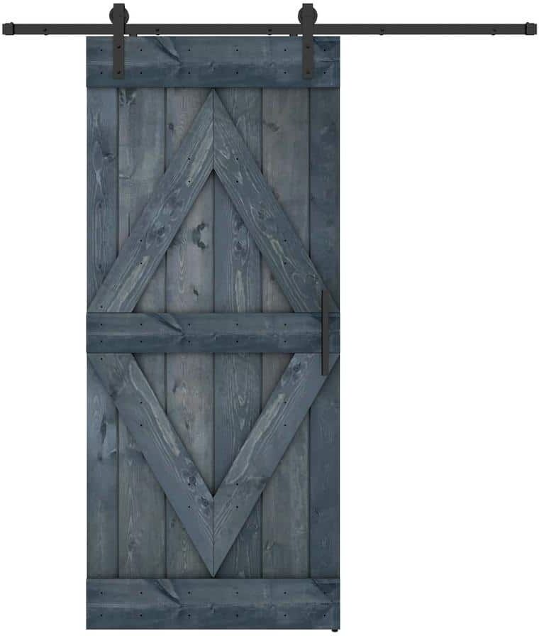 Dessliy Diamond 42 in. x 84 in. Fully Set Up Ebony Finished Pine Wood Sliding Barn Door with Hardware Kit