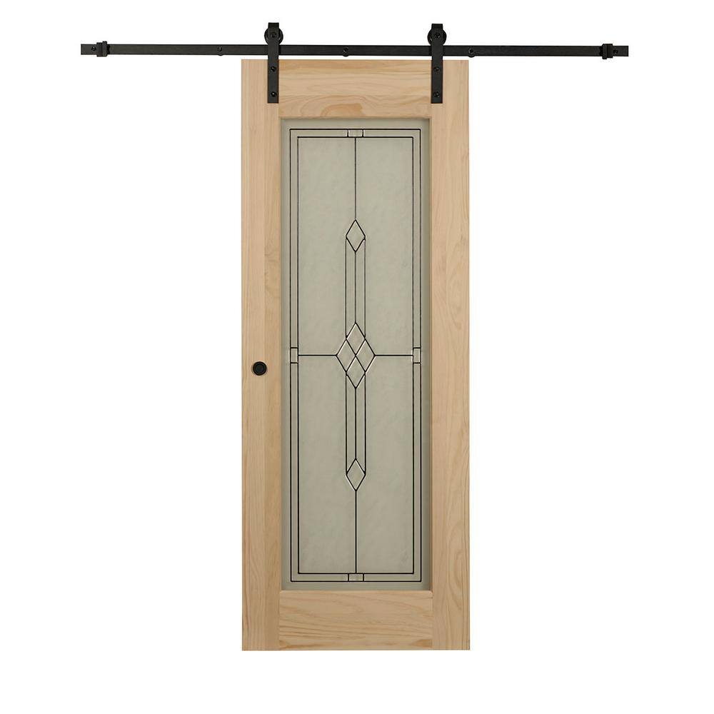 Pinecroft 34 in. x 84 in. Timber Hill Diamond Frost Glass and Unfinished Pine Wood Sliding Barn Door Slab with Hardware Kit
