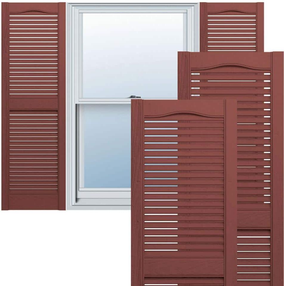 Ekena Millwork 12 in. x 65 in. Lifetime Vinyl Custom Cathedral Top Center Mullion Open Louvered Shutters Pair Burgundy Red