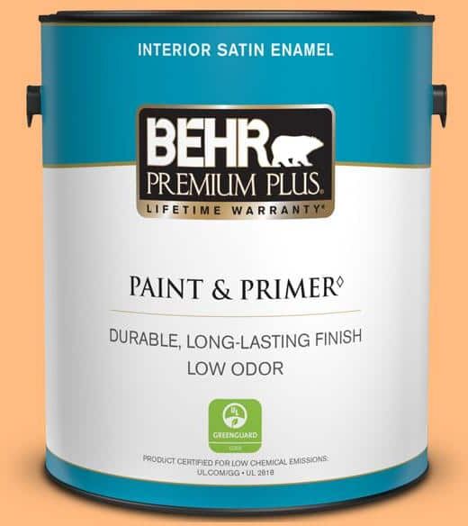 BEHR PREMIUM PLUS 1 gal. #270B-4 Apricot Flower Satin Enamel Low Odor Interior Paint & Primer