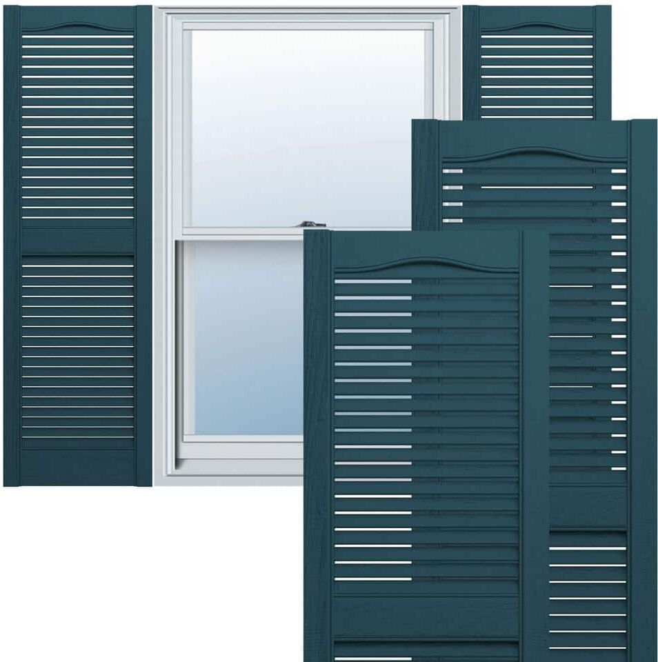 Ekena Millwork 12 in. x 53 in. Lifetime Vinyl Custom Cathedral Top Center Mullion Open Louvered Shutters Pair Midnight Blue