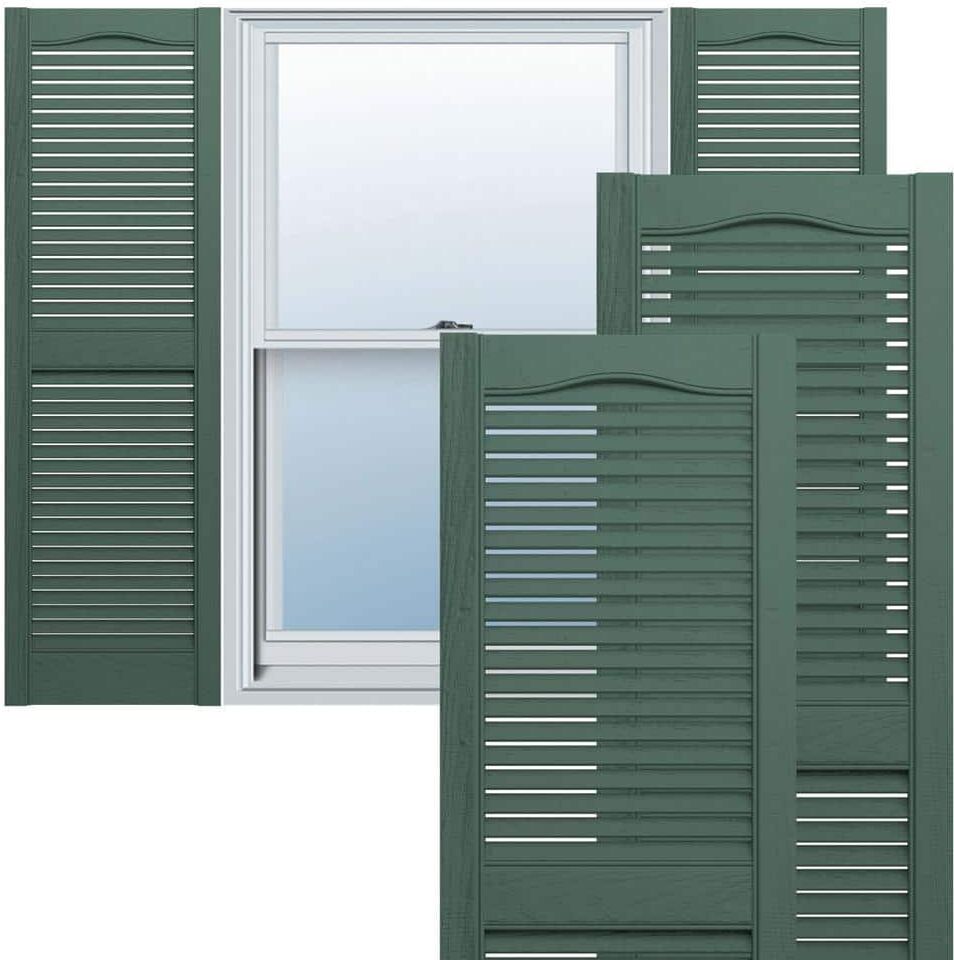 Ekena Millwork 12 in. x 35 in. Lifetime Vinyl Custom Cathedral Top Center Mullion Open Louvered Shutters Pair Forest Green