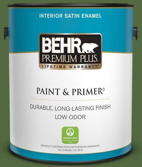 BEHR PREMIUM PLUS 1 gal. #M380-7 Alfalfa Extract Satin Enamel Low Odor Interior Paint & Primer