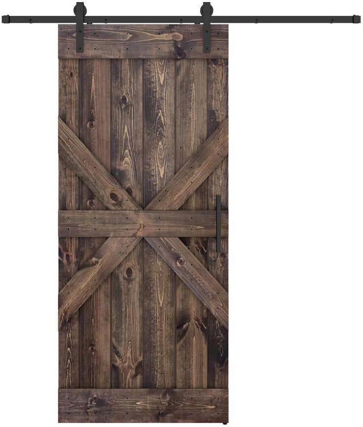 Dessliy Mid X 36 in. x 84 in. Dark Brown Finished Pine Wood Sliding Barn Door with Hardware Kit (DIY)