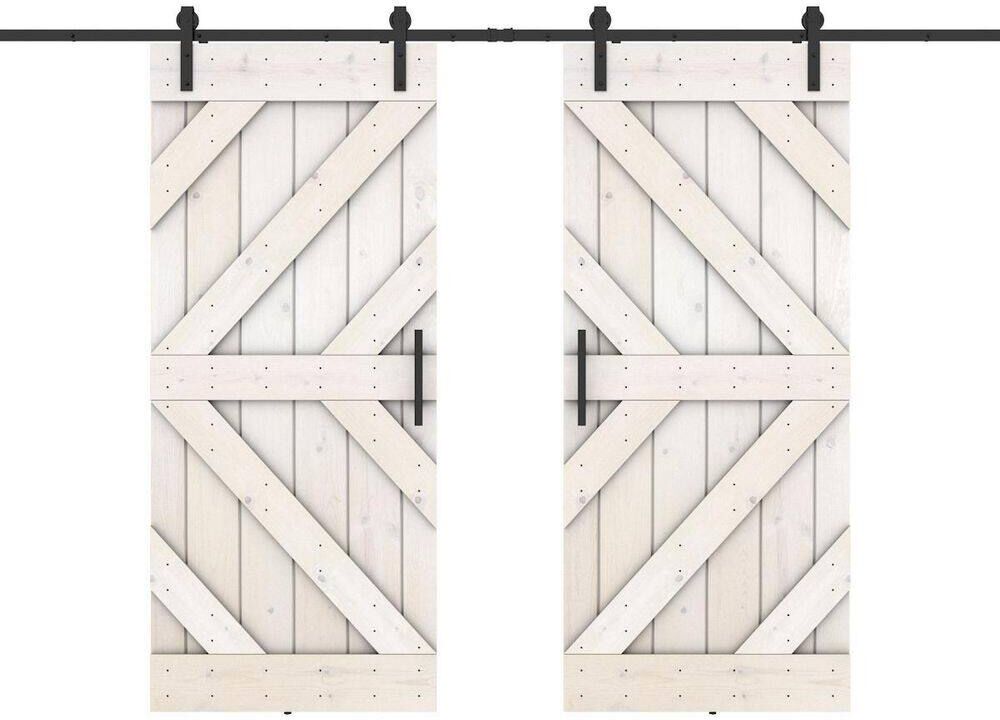 Dessliy Triple KL 56 in. x 84 in. Fully Set Up White Finished Pine Wood Sliding Barn Door with Hardware Kit