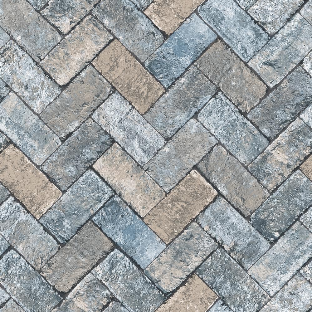 Herringbone Brick Blue/Taupe Design Matte Finish Vinyl on Non-Woven Non-Pasted Wallpaper Roll