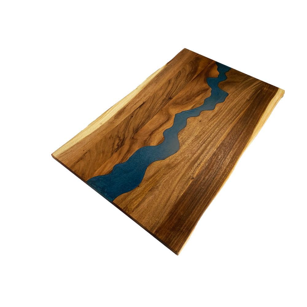 HARDWOOD REFLECTIONS 7 ft. L x 40 in. D UV Finished Saman Solid Wood Butcher Block Island Countertop With Live Edge and Blue Epoxy River