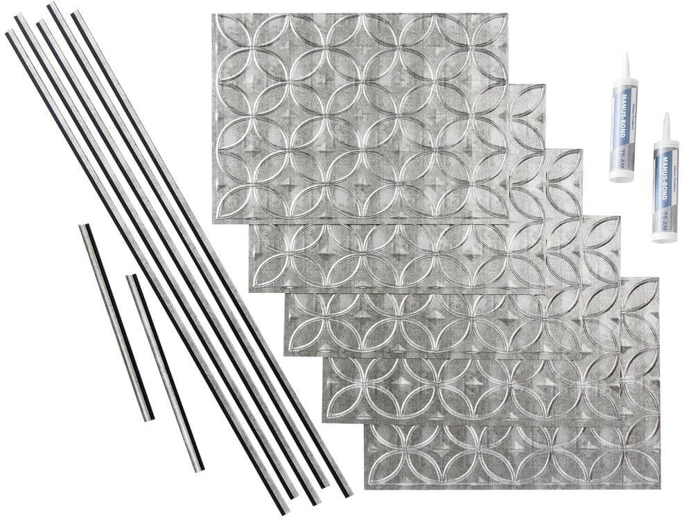 Fasade Rings 18 in. x 24 in. Crosshatch Silver Vinyl Decorative Wall Tile Backsplash 15 sq. ft. Kit