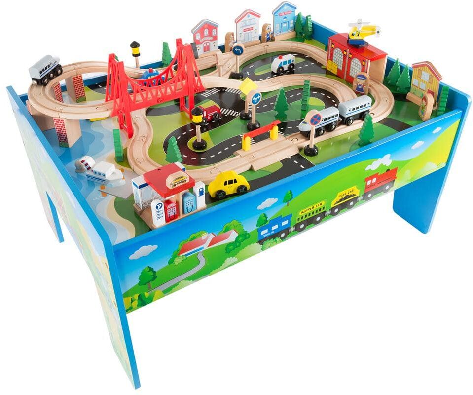 Hey! Play! 32 in. L Multi-Colored Wooden Train Set and Table