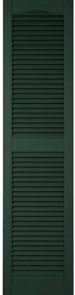 Ekena Millwork 12 in. x 76 in. Lifetime Vinyl Custom Cathedral Top Center Mullion Open Louvered Shutters Pair Midnight Green