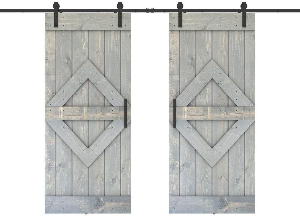 Dessliy Diamond 56 in. x 84 in. Fully Set Up Weather Grey Finished Pine Wood Sliding Barn Door with Hardware Kit