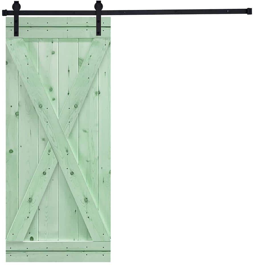 AIOPOP HOME X-Bar Serie 42 in. x 84 in. Iced Mint Knotty Pine Wood DIY Sliding Barn Door with Hardware Kit