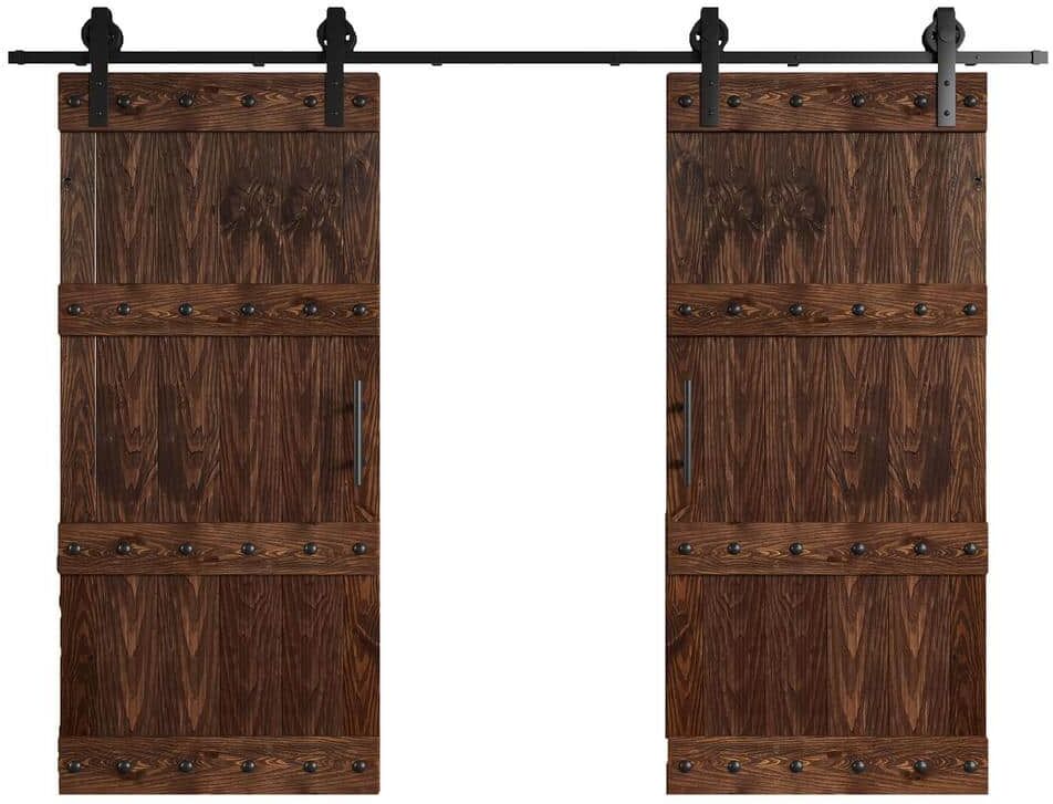 COAST SEQUOIA INC 72 in. x 84 in. Castle Series Embossing Dark Walnut Knotty Wood Double Sliding Barn Door with Hardware Kit