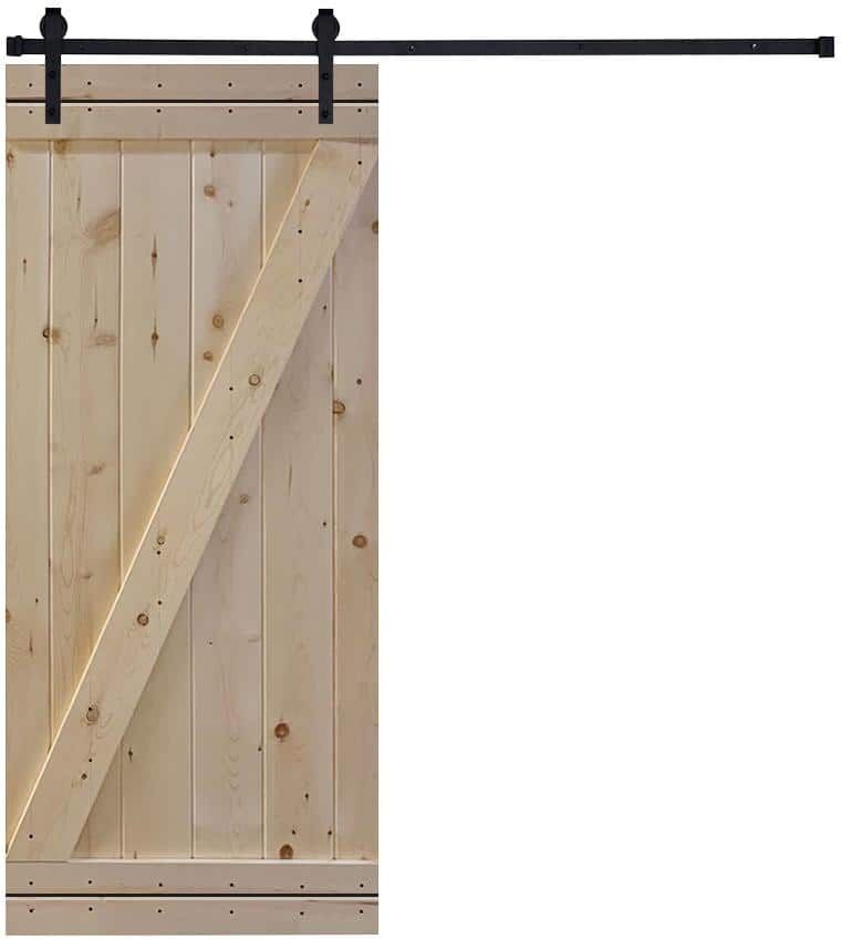 AIOPOP HOME Z-Bar 42 in. x 84 in. Mother Nature Unfinished Knotty Pine Wood DIY Sliding Barn Door with Hardware Kit