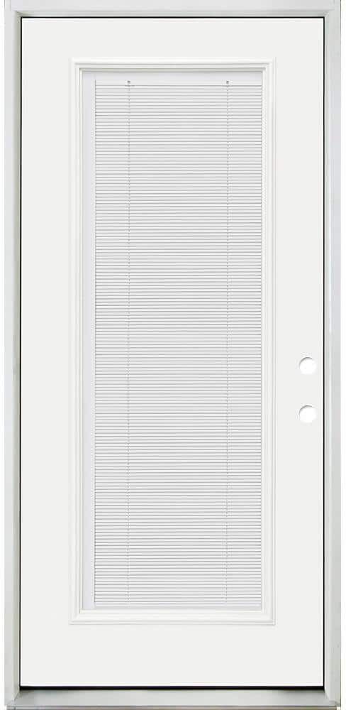 Steves & Sons 32 in. x 80 in. Reliant Clear Full Lite LHIS White Micro-Blind White Primed Fiberglass Prehung Front Door Nickel Hinges